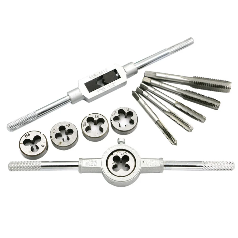 High Quality 12PCS Metric Tap Die Set NC Wrench Screw Thread Taper Drill Adjustable Hand Tool Round Taps wrench W/Case