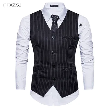 

FFXZSJ Brand Striped Men Wedding Suit Vests Sleeveless Single Breasted Business Mens Vests No Shirts Dress Vests Autumn