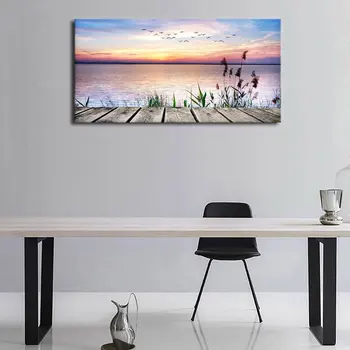

Canvas Wall Art Lake Dock Sunset Scenery with Flying Birds Picture Long Canvas Artwork Nature Pictures Prints Drop shipping