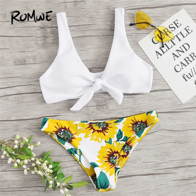 

Romwe Sport Knot Ribbed Tie Front Top With Floral Print Low Rise Bottoms Bikini Women Summer Sexy V Plunge Neck Beach Swimwear