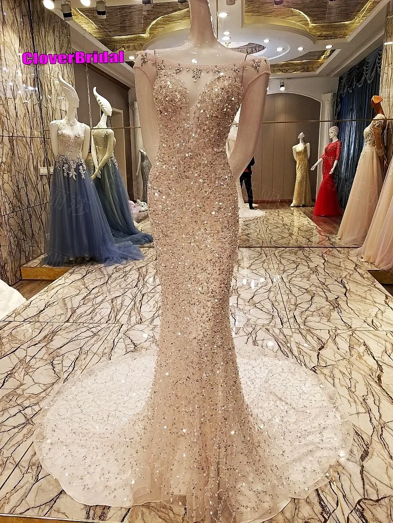 CloverBridal lots sequins stones bateau neck cap sleeve illusion back sweep train mermaid luxury evening long party dress 2017
CloverBridal lots sequins stones bateau neck cap sleeve illusion back sweep train mermaid luxury evening long party dress 2017