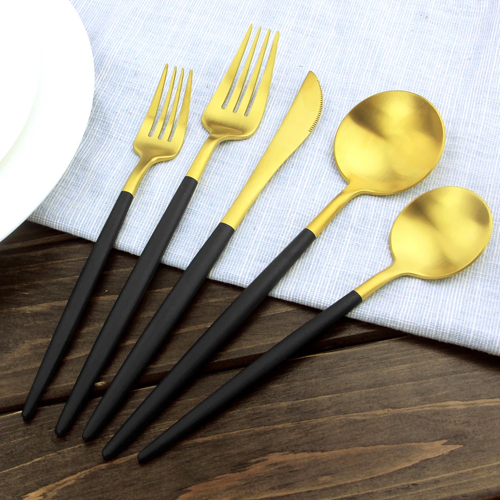 Luxurious Dinnerware Set Matte Black and Silver Gold Stainless Steel tableware sets Utensils 5pcs/set knife forks spoons
Luxurious Dinnerware Set Matte Black and Silver Gold Stainless Steel tableware sets Utensils 5pcs/set knife forks spoons