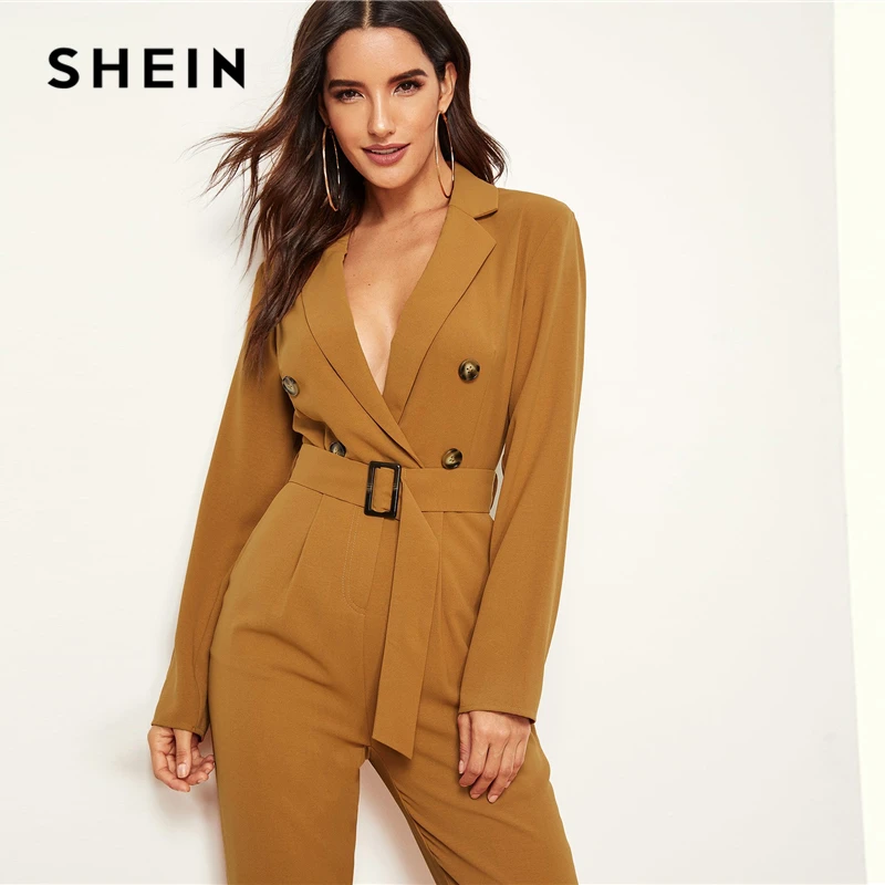 

SHEIN Ginger Notched Collar Double Button Plunging Belted Blazer Carrot Jumpsuit Women High Waist Office Lady Autumn Jumpsuits