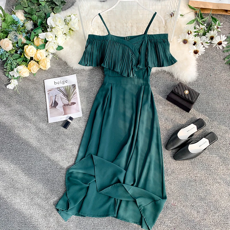 HISUMA 2019 spring summer new women's slash neck pure color strap ruffles waist A-line chiffon dress female elegant slim dresses
HISUMA 2019 spring summer new women's slash neck pure color strap ruffles waist A-line chiffon dress female elegant slim dresses