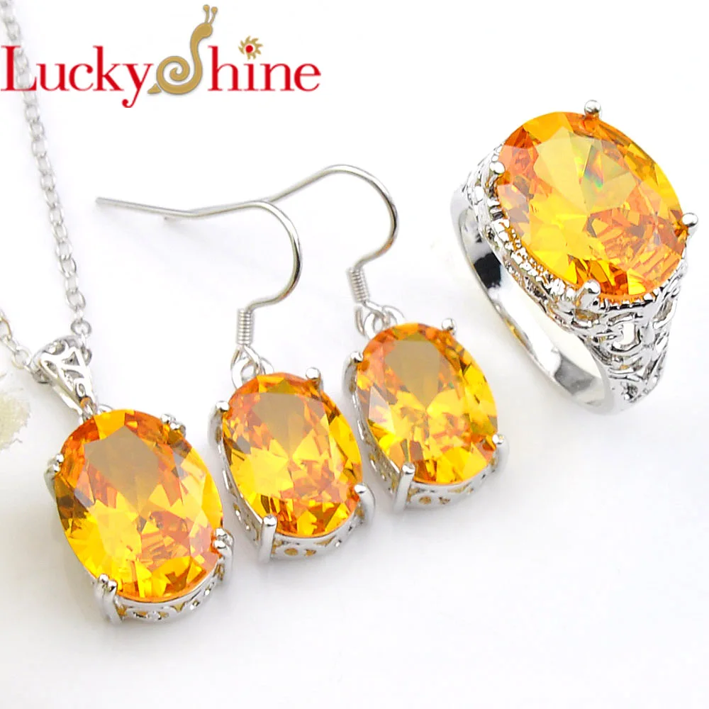 Фото Luckyshine 3Pcs/Set Classic Rings Pendants Earrings Yellow Crystial Cubic Zirconia Silvers for Wedding Jewelry Sets Gifts NEW | Украшения и