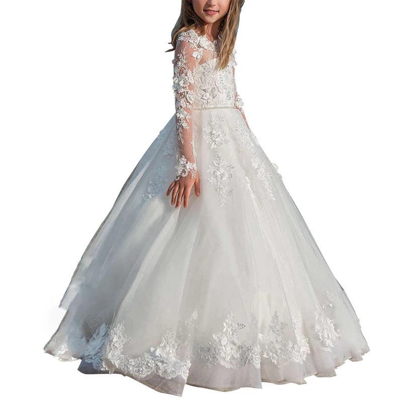 Фото Белое вечернее платье для девочек с длинным рукавом цветочным принтом первого
