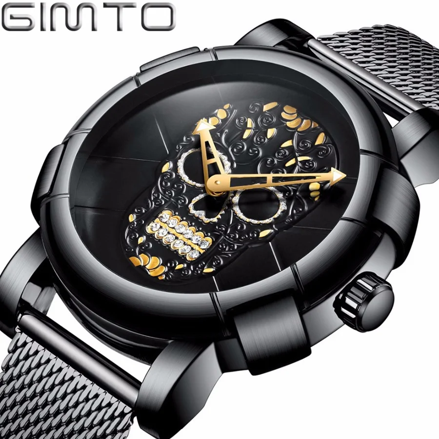 

GIMTO Unique Pirate Skeleton Skull Watch Men Diamond Quartz Watch Waterproof Stainless Steel Clock Men Watches 2018 Luxury Brand