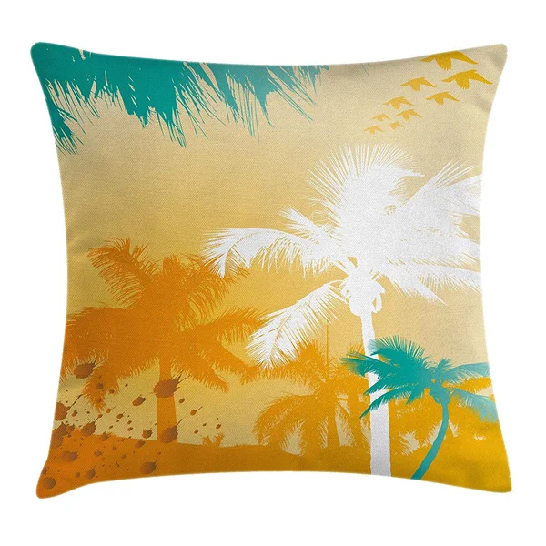 

Funky Tropical Summer Palm Tree Throw Pillow Case Colorful Teal White Marigold Cushion Cover Flying Birds Home Decor Gifts