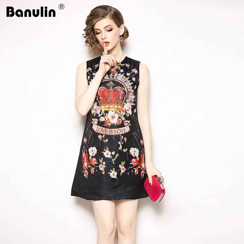 Banulin 2019 Fashion Designer Summer Sleeveless Short Dress Women's Crown letter Print Jacquard Black Mini Dress Party Vestidos
Banulin 2019 Fashion Designer Summer Sleeveless Short Dress Women's Crown letter Print Jacquard Black Mini Dress Party Vestidos