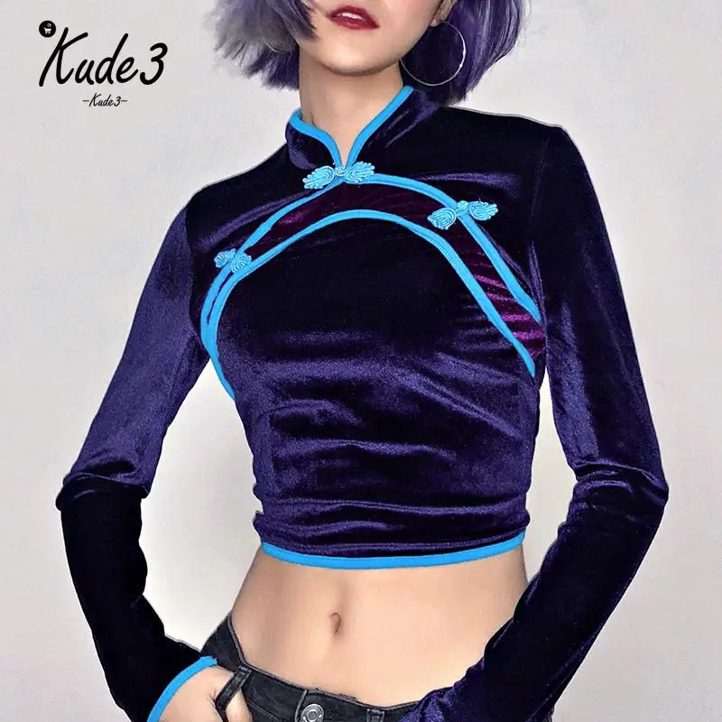 Vintage Velvet Kpop T Shirt Chinese Style Long Sleeve Women Crop Top Blue Purple Patchwork Button Winter TShirt 2019 Party 7479
Vintage Velvet Kpop T Shirt Chinese Style Long Sleeve Women Crop Top Blue Purple Patchwork Button Winter TShirt 2019 Party 7479