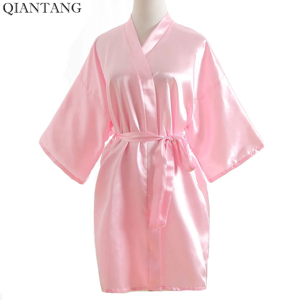 

Pink Wedding Bride Bridesmaid Dressing Robe Summer Women's Faux Silk Kimono Mini Bath Gown Yukata Nightgown Sleepwear One Size