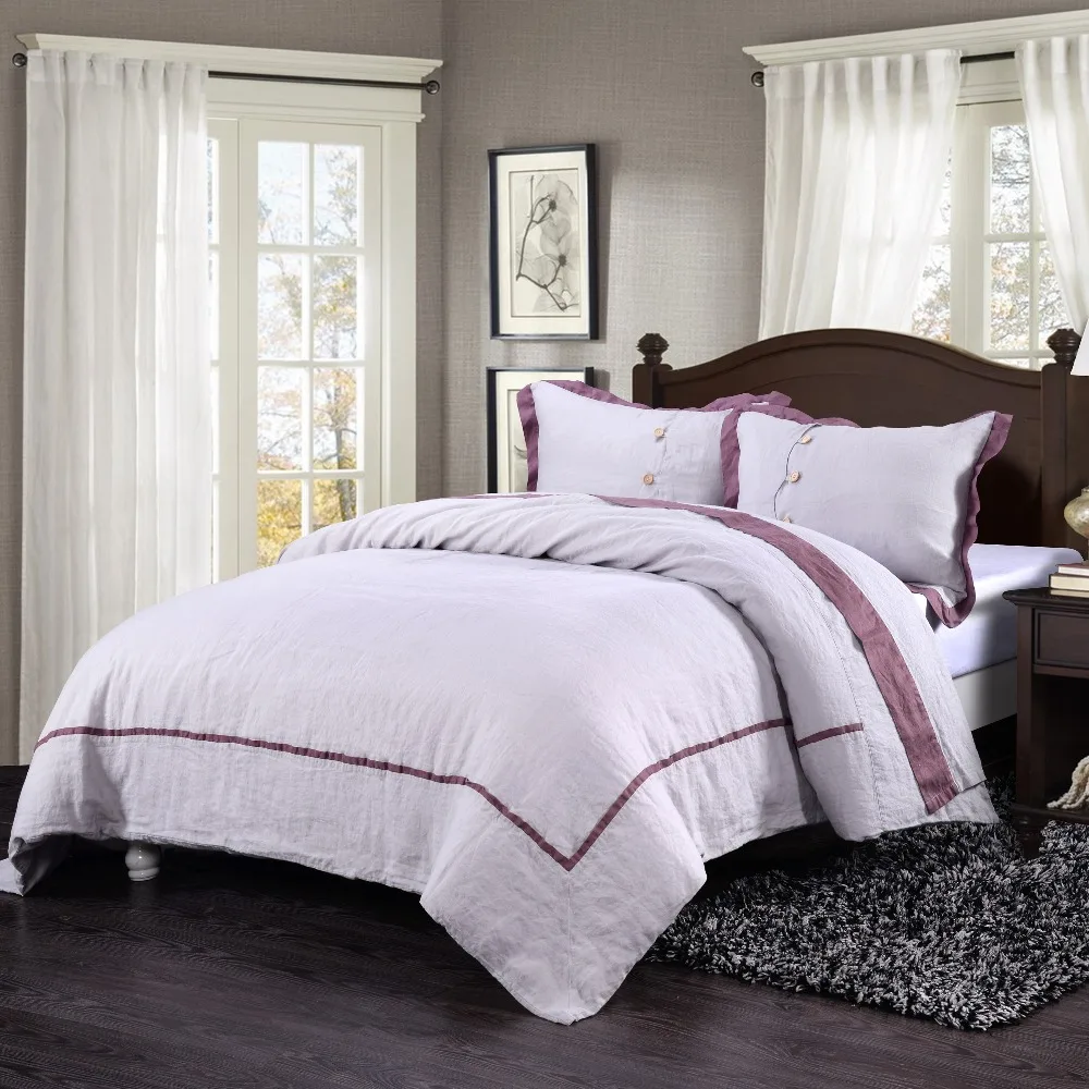 100 Washed Linen Inlay Purple Stripe Grey Duvet Cover Set With 1