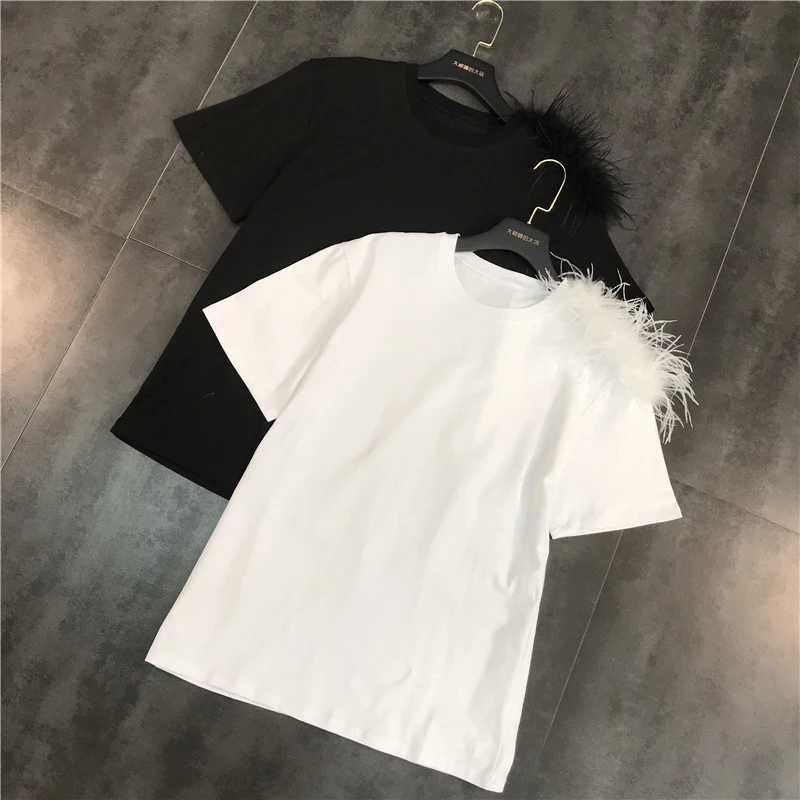 2019 spring new feather fur decoration round neck solid color street trend short-sleeved T-shirt women
2019 spring new feather fur decoration round neck solid color street trend short-sleeved T-shirt women