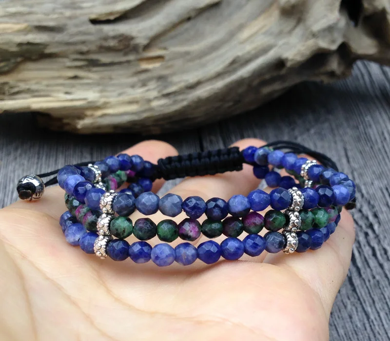 YA2676 Natural Stone Sodalite Zoisite 4mm Faceted Beads 3 Layers Cord Bracelet Evil Eye Silver Bead Adjustable 6.5inch long 
YA2676 Natural Stone Sodalite Zoisite 4mm Faceted Beads 3 Layers Cord Bracelet Evil Eye Silver Bead Adjustable 6.5inch long