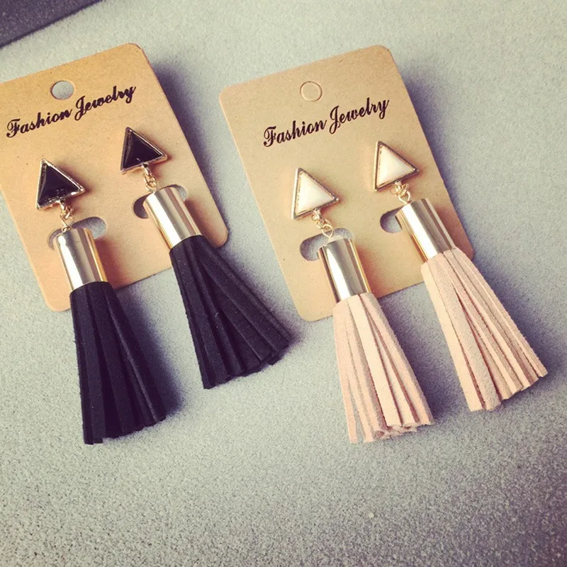 Image Vintage Triangle Tassel Drop Earrings Faux Suede Fabric Long Dangle Earrings for Women EX129