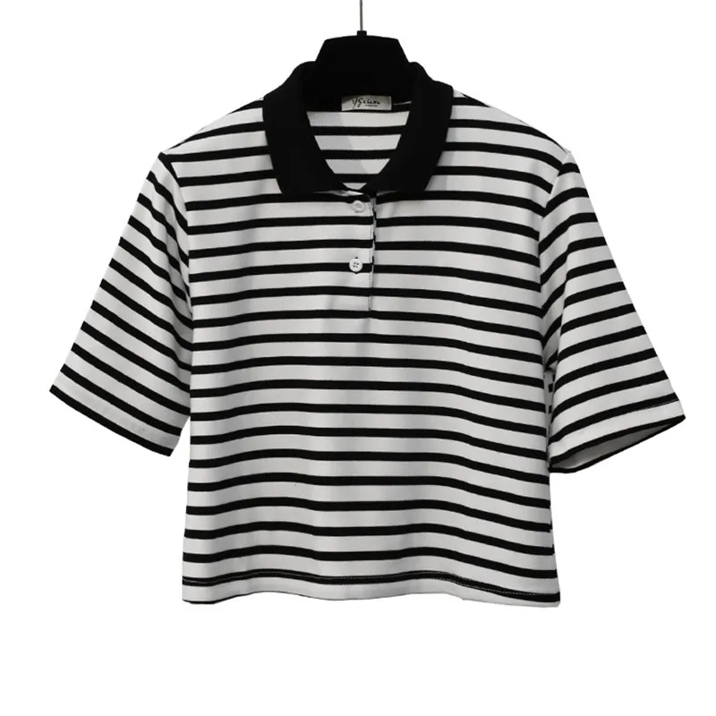 MERRY PRETTY New Summer Striped Design Women T-shirt Fashion Cotton Crop Top Turndown Collar Button Short Sleeve Casual T Shirt
MERRY PRETTY New Summer Striped Design Women T-shirt Fashion Cotton Crop Top Turndown Collar Button Short Sleeve Casual T Shirt