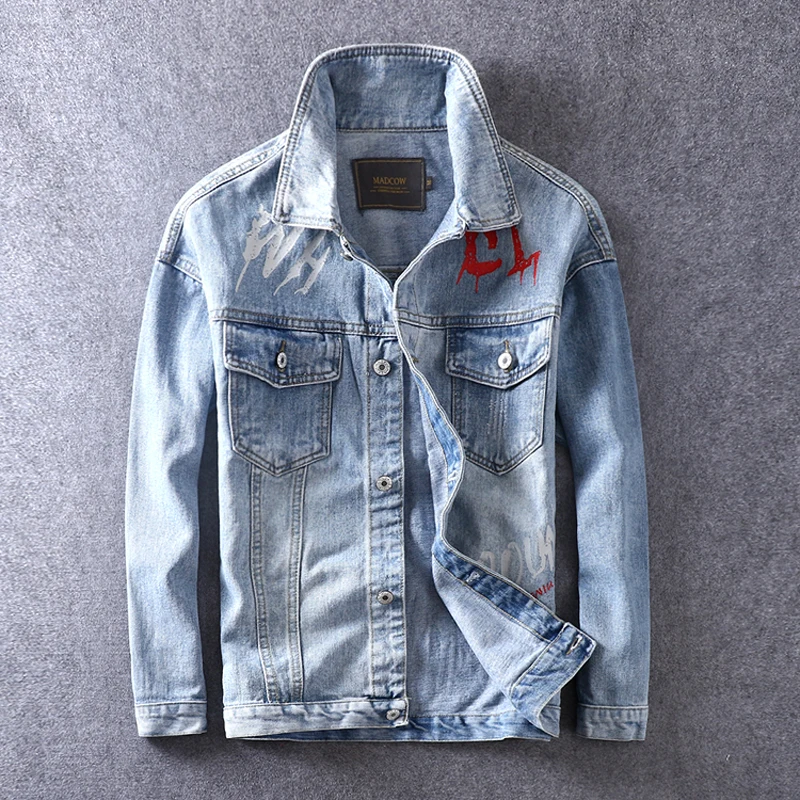 American Streetwear Fashion Men Jacket Retro Blue Color Printed Designer Punk Style Biker Jackets Men Coats Hip Hop Denim Jacket
American Streetwear Fashion Men Jacket Retro Blue Color Printed Designer Punk Style Biker Jackets Men Coats Hip Hop Denim Jacket