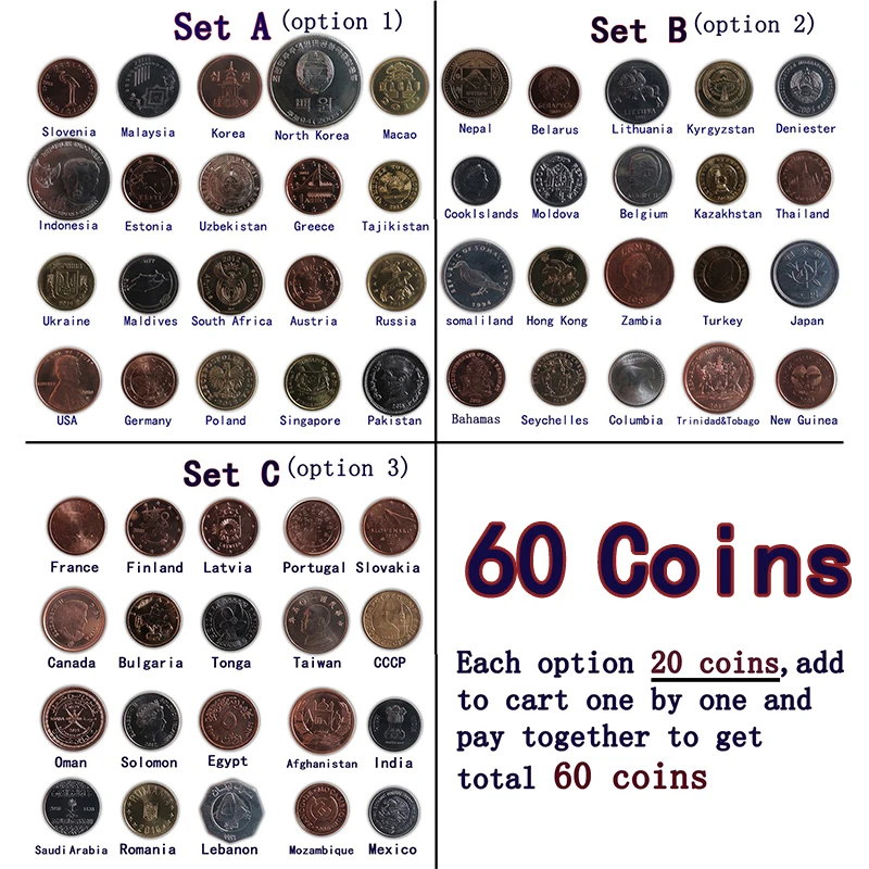 60 coins from 60 Different Countries ( option A+B+C), Real Genuine Original Coin , country collectibles Euro Asia Africa America
60 coins from 60 Different Countries ( option A+B+C), Real Genuine Original Coin , country collectibles Euro Asia Africa America
