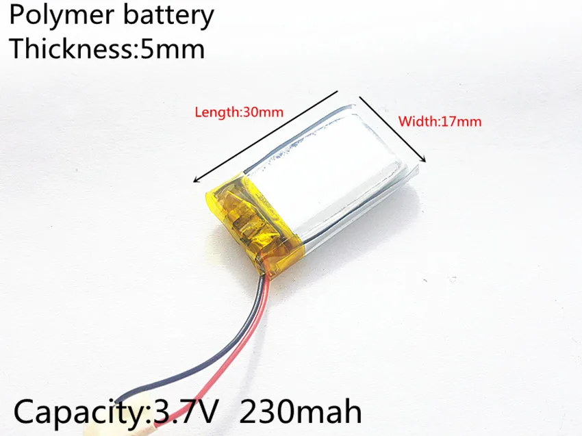 3.7V 230mAh 501730 Lithium Polymer LiPo Rechargeable Battery ion cells For Mp3 Mp4 Mp5 DIY PAD DVD E-book headset
3.7V 230mAh 501730 Lithium Polymer LiPo Rechargeable Battery ion cells For Mp3 Mp4 Mp5 DIY PAD DVD E-book headset