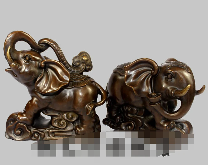 6'' China Bronze Feng Shui Lucky Elephant Ingot Ruyi Statue A pair R0713