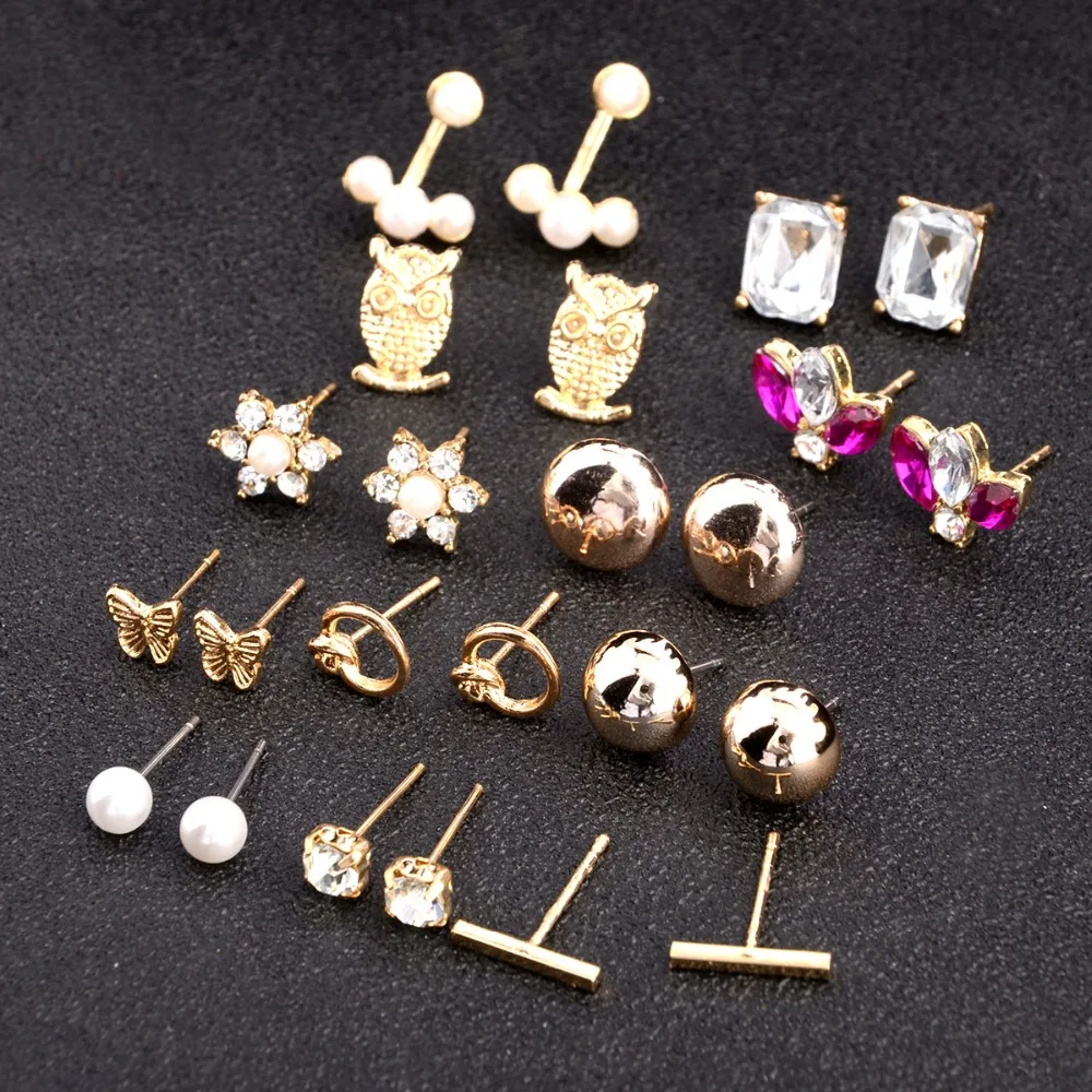 

New Fashion Accessories Vintage Bohemia Crystal Pearl Flower Owl Butterfly Ear Studs 12 Pairs Of Earrings Set For Women Jewelry