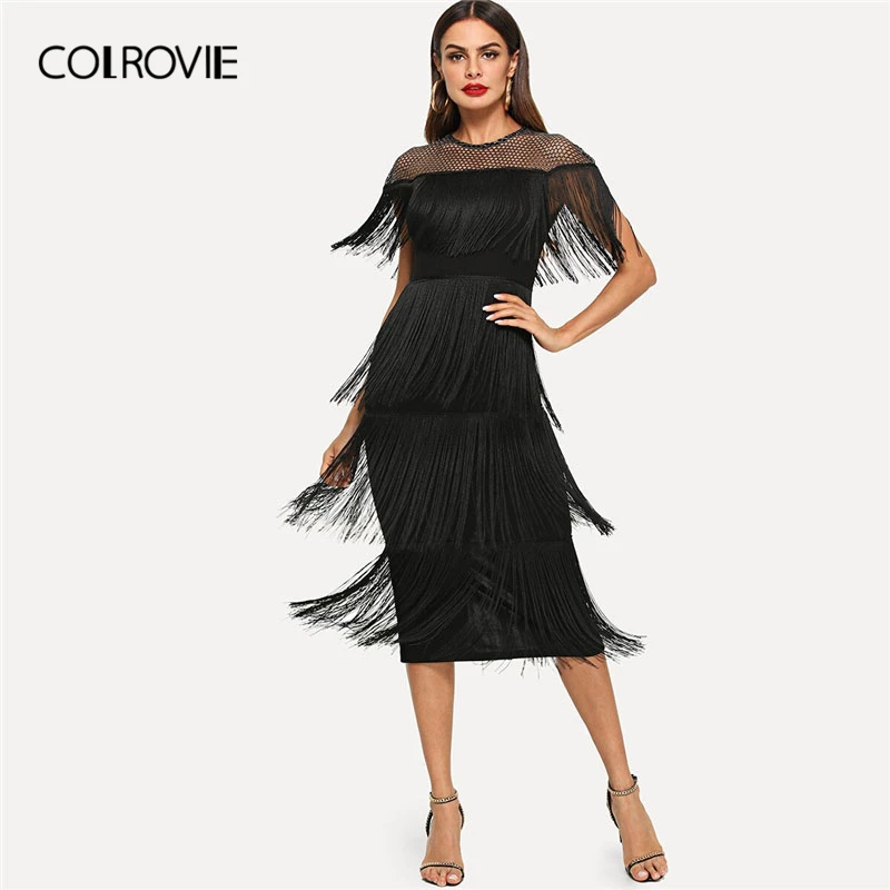 

COLROVIE Black Fishnet Mesh Yoke Layered Fringe Bodycon Sexy Dress Women 2019 Summer Slim Fit Pencil Office Ladies Long Dresses