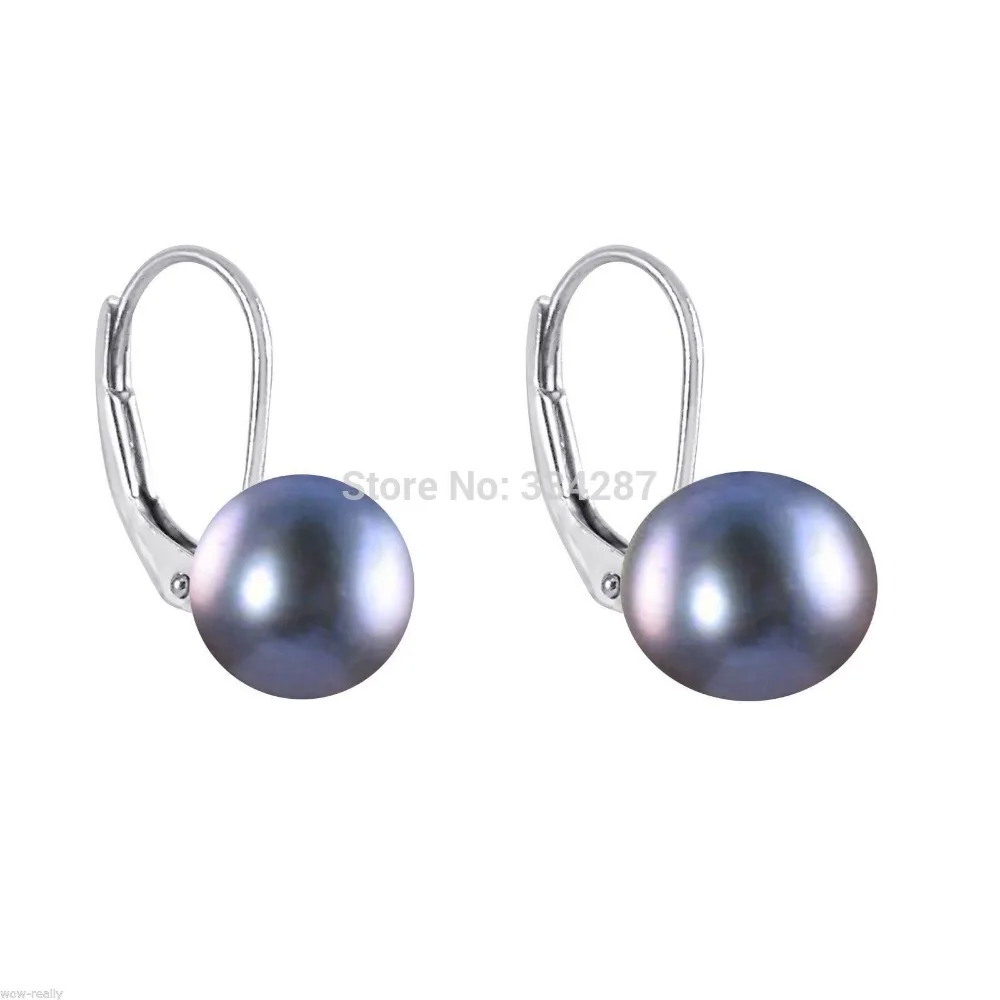 Image 100% New image   New 9 10mm Black Freshwater Pearls Sterling Silver Leverback Earring