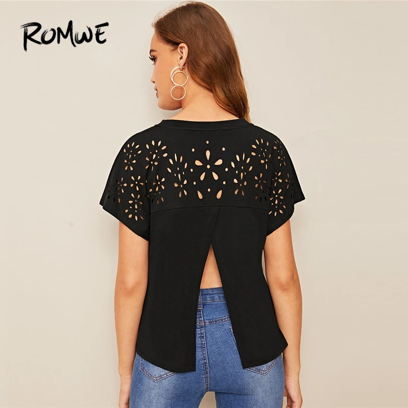 ROMWE Black Laser Cut Split Overlap Back Solid Tee Tops Women Summer 2019 Plain Short Sleeve Round Neck Casual T Shirts
ROMWE Black Laser Cut Split Overlap Back Solid Tee Tops Women Summer 2019 Plain Short Sleeve Round Neck Casual T Shirts