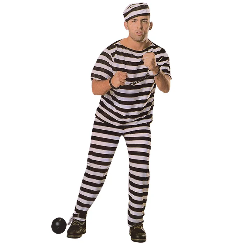 

Men Prisoner Halloween Costume Bloody Prisoner Clothes Prison Uniform Black and White Stripes Prison School Party Fancy Costume