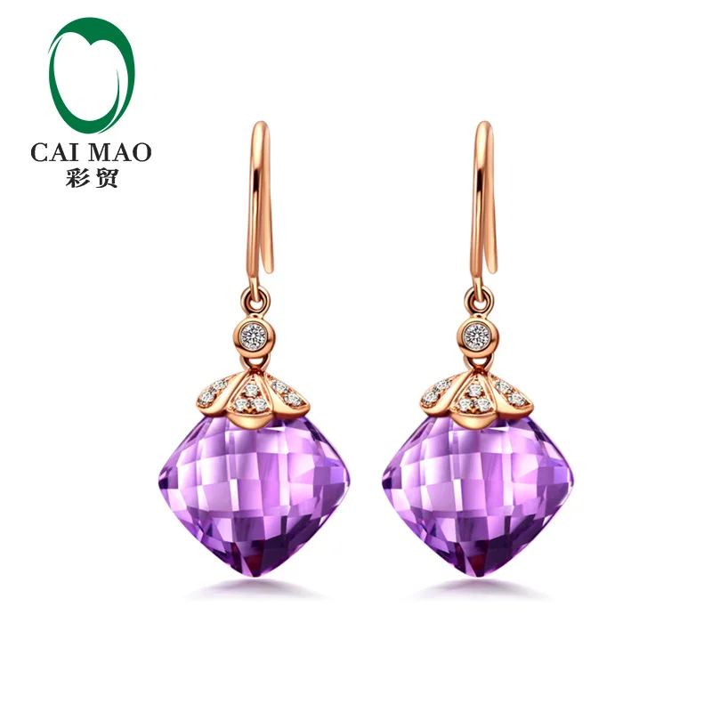 

CaiMao Jewelry 9.18ct Natural Cushion Amethyst/Citrine H SI Diamond 14k Rose Gold Dangle Earrings