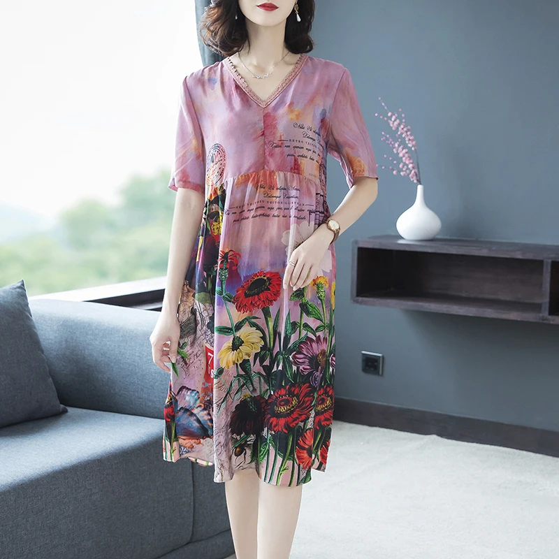 Summer Dress 2019 New Imitate Real Silk Dresses Plus Size Women Print A-Line Dress Lady Casual Beach Costume M-4XL
Summer Dress 2019 New Imitate Real Silk Dresses Plus Size Women Print A-Line Dress Lady Casual Beach Costume M-4XL