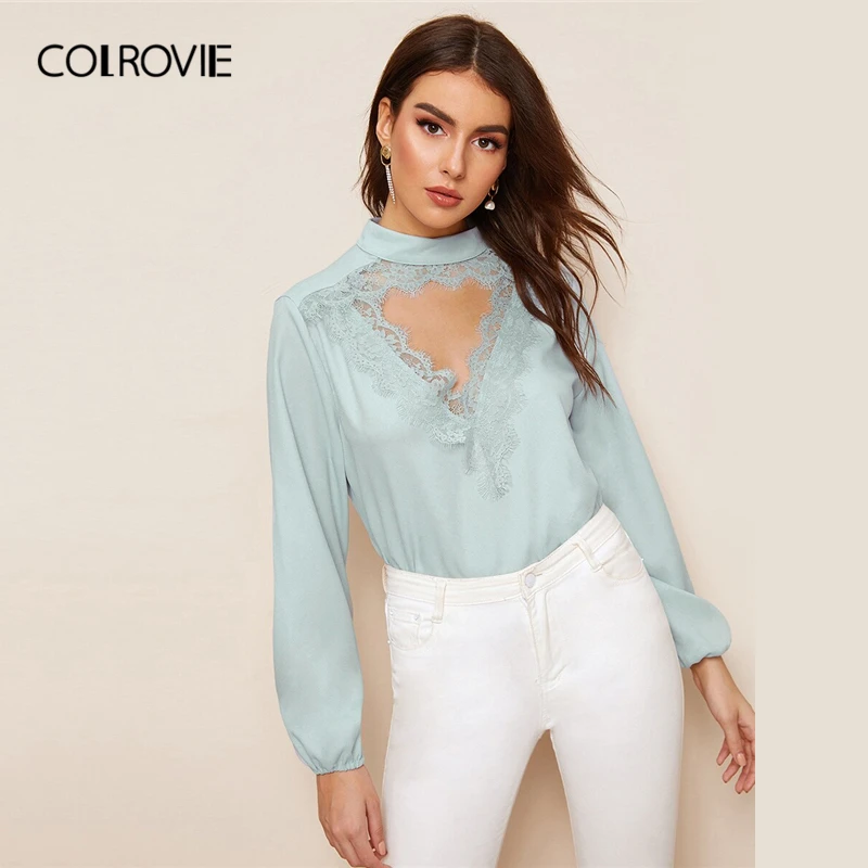 COLROVIE Blue Eyelash Lace Trim Cut-Out Front Top Womens Tops And Blouses 2019 Spring Long Sleeve Elegant Office Ladies Blouse
COLROVIE Blue Eyelash Lace Trim Cut-Out Front Top Womens Tops And Blouses 2019 Spring Long Sleeve Elegant Office Ladies Blouse