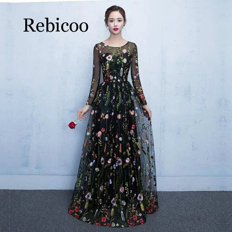 Rebicoo 2019 black floral long sleeve illusion applique elegant zipper waist section floor length dress
Rebicoo 2019 black floral long sleeve illusion applique elegant zipper waist section floor length dress