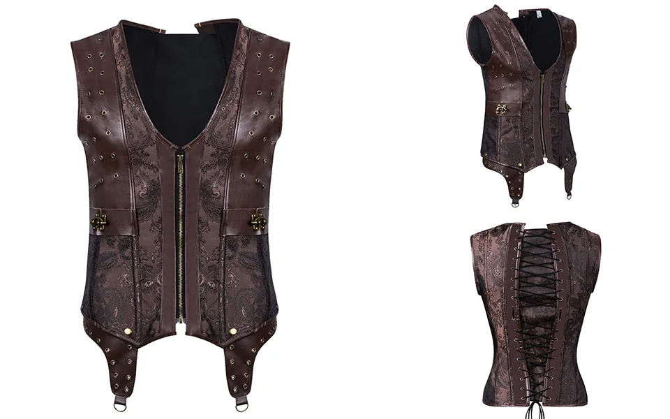Mens Corset Steampunk Vest Shapers Brown Collar Sleeveless Steel Boned Gothic Corset Jacket Slimming Corsets For Men (10)