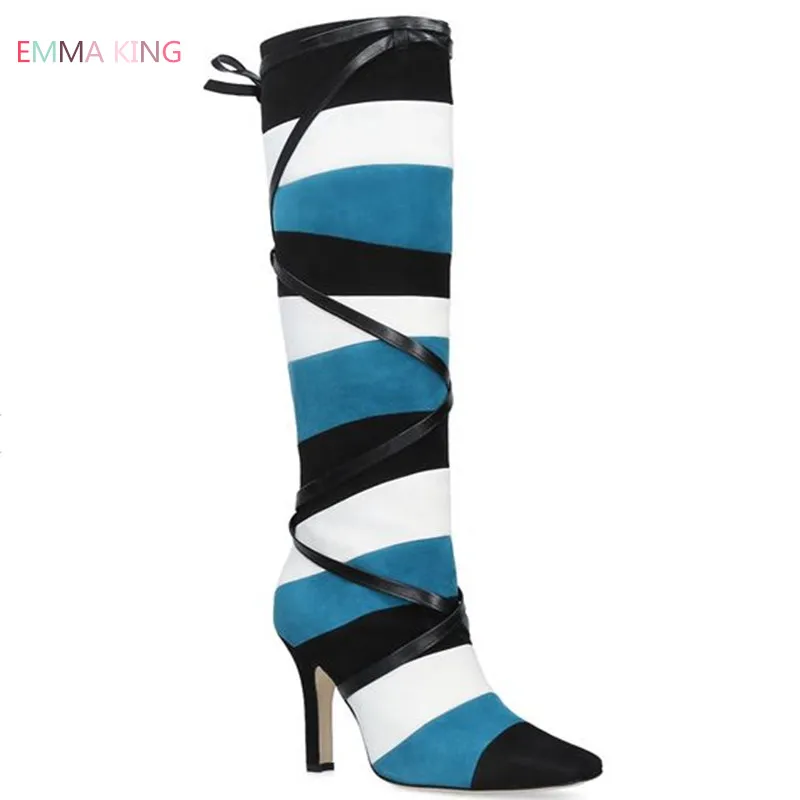 Winter New Over-the-knee Women's Boots Pointed Toe Suede Thigh High Boots Leather lace-up With Contrast Harlequin Stripes
Winter New Over-the-knee Women's Boots Pointed Toe Suede Thigh High Boots Leather lace-up With Contrast Harlequin Stripes