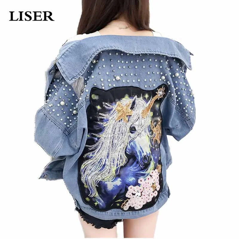 LISER 2019 Women Denim Jacket Casual Jeans Jacket Streetwear Pearl Dotted Unicorn Rivet Pattern Women Hole Sequin Veste Femme
LISER 2019 Women Denim Jacket Casual Jeans Jacket Streetwear Pearl Dotted Unicorn Rivet Pattern Women Hole Sequin Veste Femme