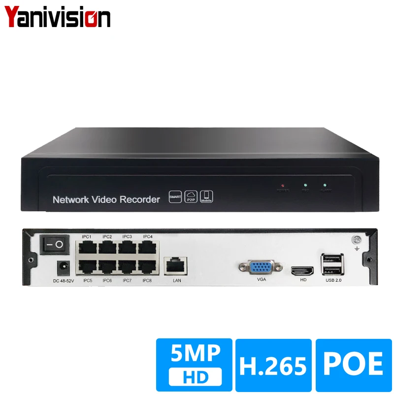 Сетевой видеорегистратор H.265 +/H.265/H.264 8 каналов 5 МП POE 1 SATA до 16 2 6 Onvif IP-камера P2P AEeye2.0