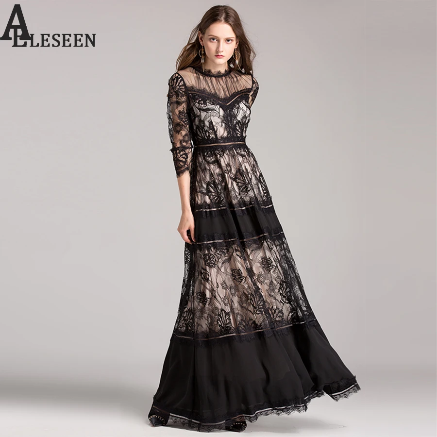 Vintage Lace Dress Women Long Sleeve Transparent Lace 3/4 Sleeve Maxi Floor-length Muslim Luxury Black White Long Dress New 2019
Vintage Lace Dress Women Long Sleeve Transparent Lace 3/4 Sleeve Maxi Floor-length Muslim Luxury Black White Long Dress New 2019