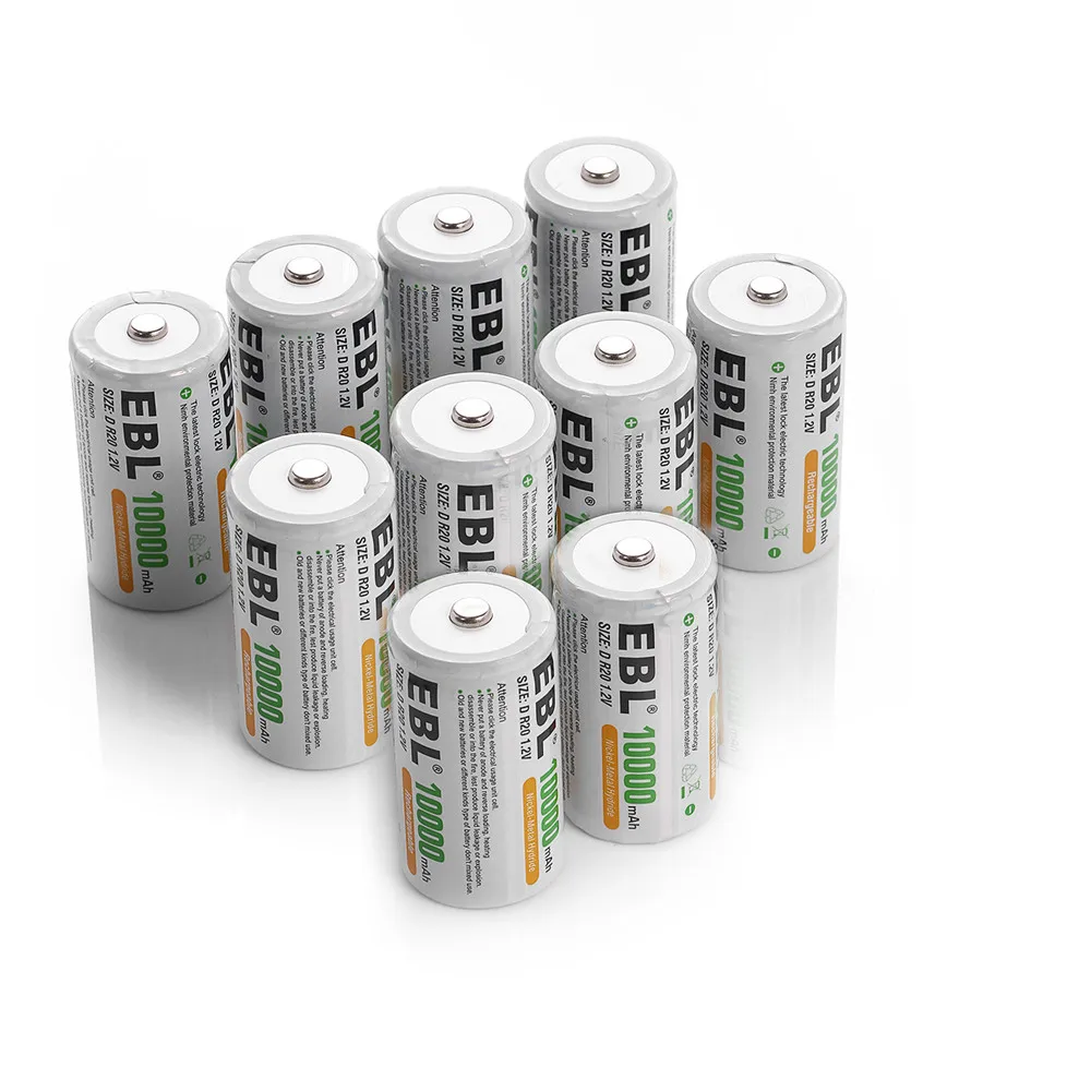 EBL 10pcs/lot 10000mAh Size D R20 Rechargeable Batteries 1.2v Ni-MH Replacement Battery for Flashlights Toys free shipping
EBL 10pcs/lot 10000mAh Size D R20 Rechargeable Batteries 1.2v Ni-MH Replacement Battery for Flashlights Toys free shipping