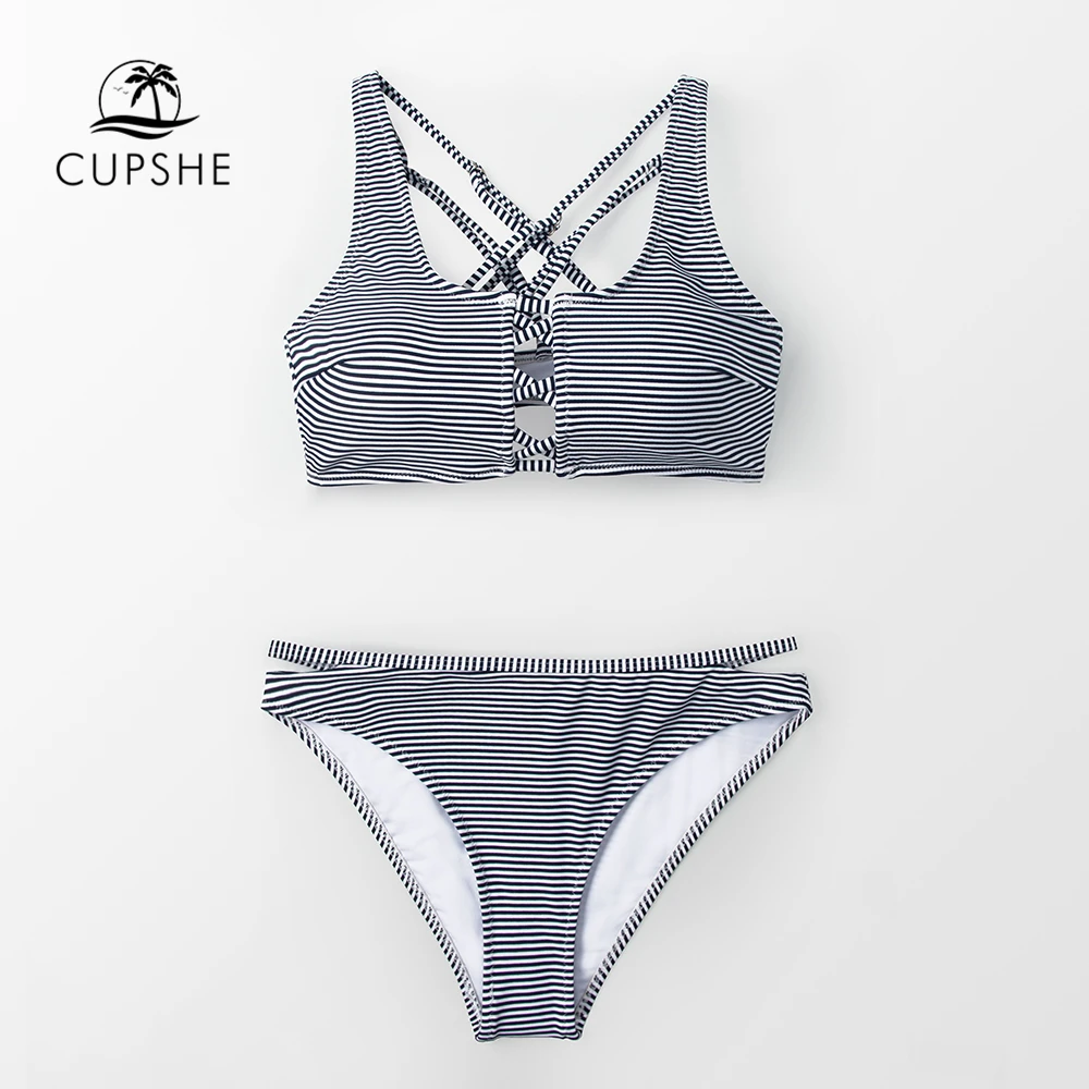 

CUPSHE Sexy Blue And White Stripe Strappy Bikini Sets Women Crisscross Thong Two Pieces Swimsuits 2019 Girl Beach Bathing Suits