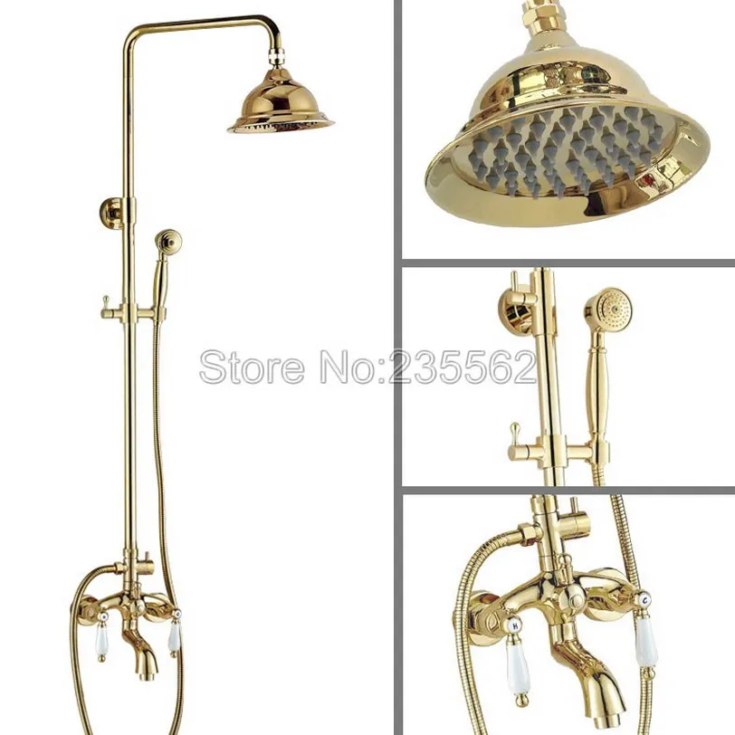 Bathroom Golden Brass Rain Shower Faucet Set Wall Mounted Bath Tub Mixer Tap with 6.3 inch Shower Heads + Handheld Shower lgf426
Bathroom Golden Brass Rain Shower Faucet Set Wall Mounted Bath Tub Mixer Tap with 6.3 inch Shower Heads + Handheld Shower lgf426