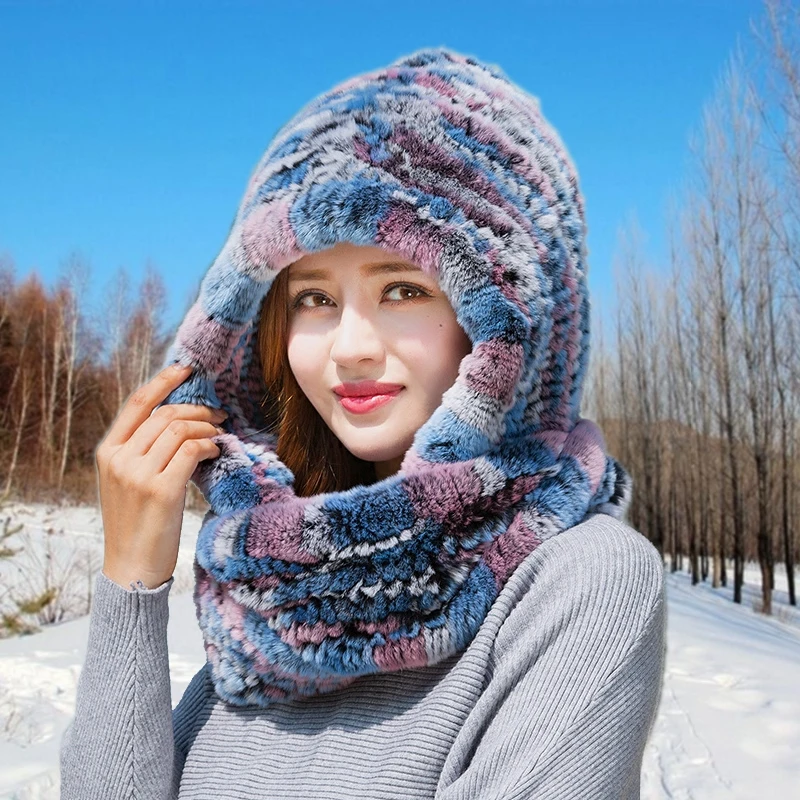 Hat Women 2017 New Knitted Real Rex Rabbit Fur Hat Hooded Scarf Winter Warm Natural Fur Hat With Neck Scarves (17)