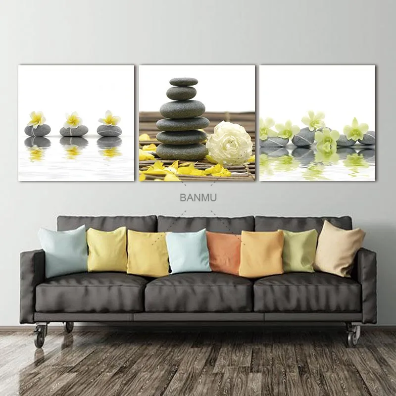 Pictures Prints on Canvas Wall Artwork 3 Pieces Yellow Flowers with Black Stone Modern Giclee Spa Zen Walls Art Work for Decor | Дом и сад