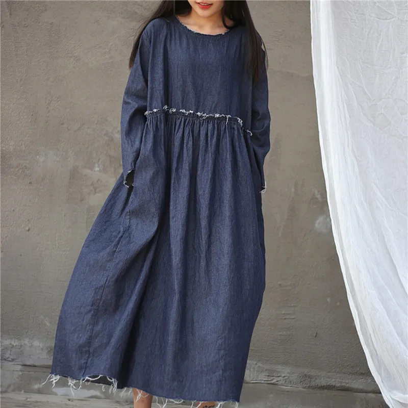 Женское джинсовое платье с карманами винтажное длинным рукавом и высокой талией