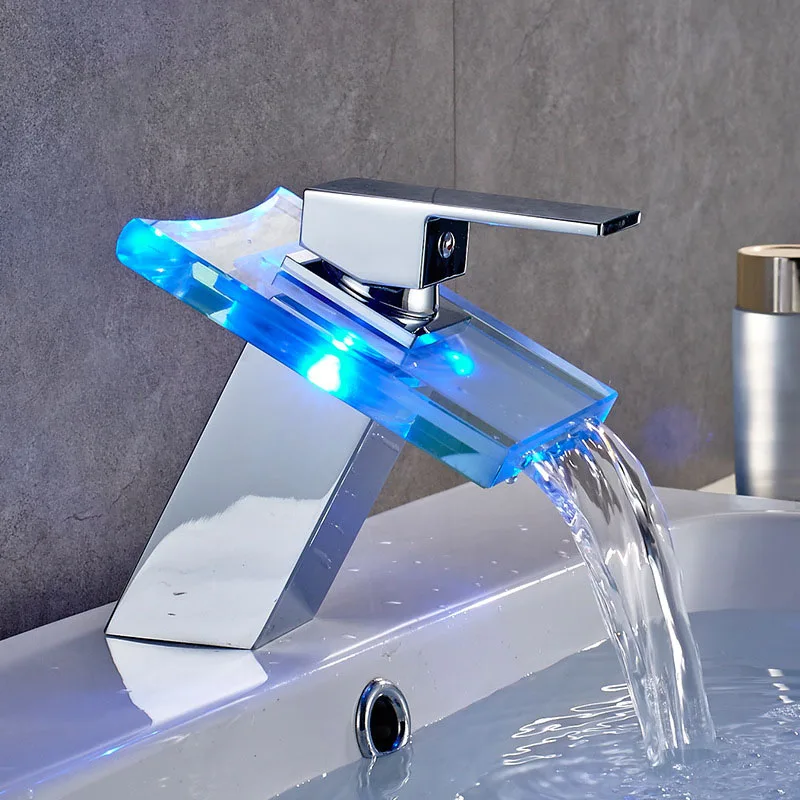 

Bathroom LED Faucet Waterfall Basin Glass Faucet Single Hand Single Hole Mixer Tap Sink Faucet 3 Colors Changing,Chrome Finish