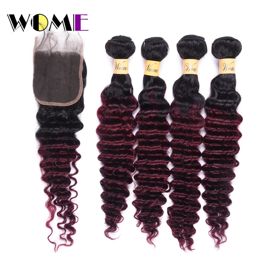 Wome T1B/99J Peruvian Deep Wave Bundles With Closure Red Wine Color Human Hair Curly 4 Bundles With Lace Closure Free Part
Wome T1B/99J Peruvian Deep Wave Bundles With Closure Red Wine Color Human Hair Curly 4 Bundles With Lace Closure Free Part