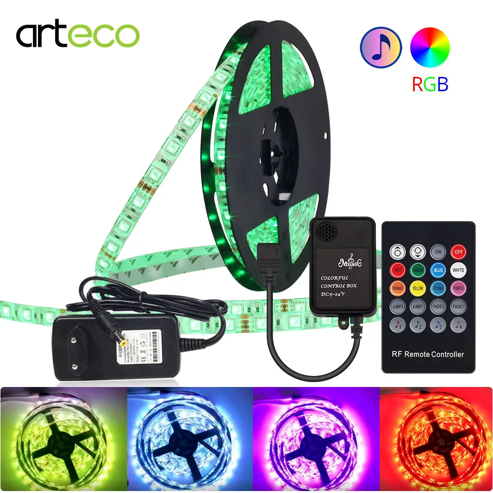 

RGB Music Sync LED Strip light SMD 5050 5M 60led/M Waterproof Flexible Tape diode ribbon RF Music Controller DC 12V adapter Set