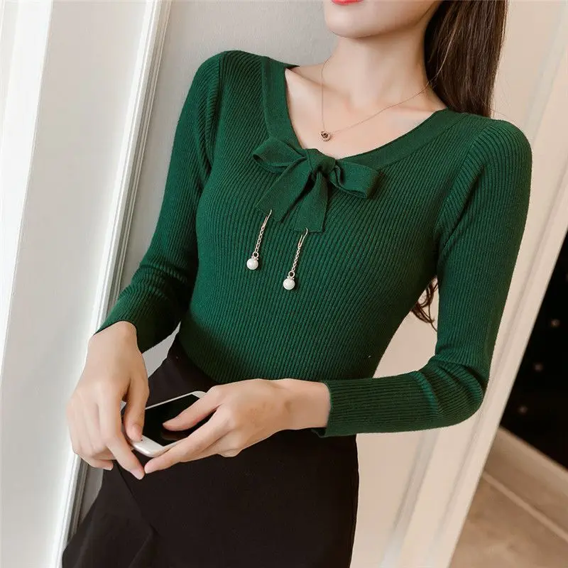 Women Autumn Knit Tops Sweet Bow Round Collar Slim Bottoming T-Shirt Long-Sleeved Casual Wild Bottoming Tops
Women Autumn Knit Tops Sweet Bow Round Collar Slim Bottoming T-Shirt Long-Sleeved Casual Wild Bottoming Tops