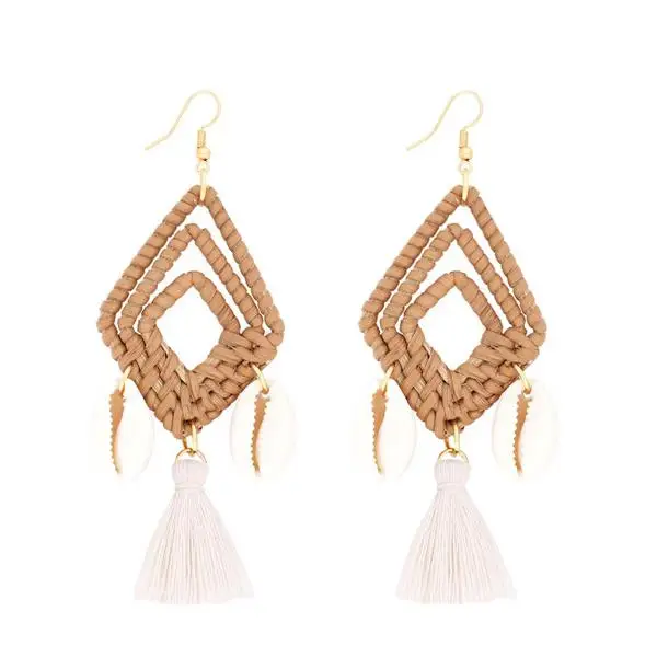 Latest Design Womens Rattan Tassel Wicker Woven Sea Shell Conch Hooks Earrings Jewelry 2019