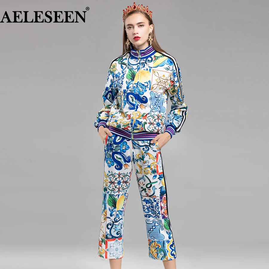 AELESEEN Fashion Vintage Women 2 Pieces 2018 Autumn Winter Long Sleeve Strip Flower Print Top + Waist Elastic Runway Pant Suits
AELESEEN Fashion Vintage Women 2 Pieces 2018 Autumn Winter Long Sleeve Strip Flower Print Top + Waist Elastic Runway Pant Suits